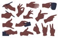 Hands gestures set graphic elements in flat design. Bundle of African American hands writing, holding cup, pointing, showing ok, Royalty Free Stock Photo
