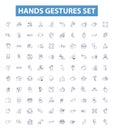 Hands gestures set line icons, signs set. Gesticulate, Waving, Pointing, Grasping, Clasping, Signaling, Flourishing