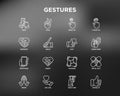 Hands gestures thin line icons set: handshake, easy sign, single tap, 2 finger tap, holding smartphone, teamwork, mutual help,