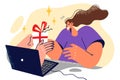 Hands with gift sticking out of laptop reward woman who won Internet contest or wish happy birthday