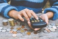 Hands girl holding calculator and coin Royalty Free Stock Photo