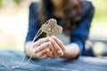 Hands of girl holding crucifix for holy confirmation or communion. Royalty Free Stock Photo
