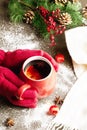 Hands of girl holding glass of mulled wine