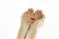 Hands of a girl holding a red heart on a white isolated background. lovers day