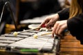 Hands of a girl playing a glockenspiel