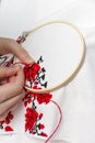 Hands girls embroider pattern using the frame.