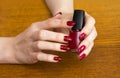 Hands girls holding a bottle of red nail Polish Royalty Free Stock Photo