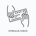 Hands giving bank check flat line icon. Vector outline illustration of payment, voucher. Stimulus cheque thin linear Royalty Free Stock Photo