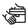 Hands giving box delivery cargo service logistic line style icon Royalty Free Stock Photo