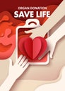 Hands giving heart, vector paper cut illustration. Human organ transplantation, donation, save life poster template.