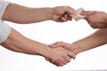 Hands giving money. Shaking hands isolated on white background Royalty Free Stock Photo