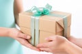 Hands giving and receiving present. Male and female hands holding gift box on blurred background Royalty Free Stock Photo