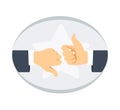 Hands giving thumbs up and thumbs down in a rating icon with star background