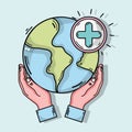 Hands with global planet and cross clinical symbol