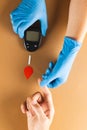 Hands of gloved doctor with glucometer taking blood sugar reading from caucasian woman