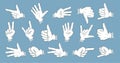 Hands with gloves. Different gestures: pointing, attention, thumbs up. Set of Cartoon Illustrations. Set of realistic gestures