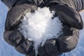 Hands with gloves holding snow