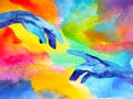 Hands of god connect to another world illustration design watercolor painting