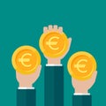 Hands with gold euro coins. Vector flat illustration on blue. Give, receive, take, earn money