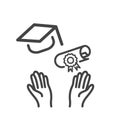 Hands of graduate throwing graduation cap and diploma icon isolated. Modern outline on white background Royalty Free Stock Photo