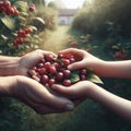 Hands of grandmother and daughter holding red berries in the garden