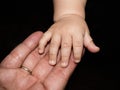 Hands of great grandma and her great baby grandson