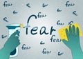 Hands in green gloves with sponge and spray erase the word fear, flat vector with noise and texture. Royalty Free Stock Photo