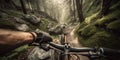 Hands grip the handlebars a bicycle tightly while navigating a winding mountain trail, enjoying an exhilarating outdoor