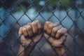 Hands gripping a wire fence, concept of imprisonment, restriction, captivity, hope Royalty Free Stock Photo