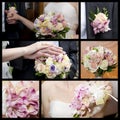 Hands of groom and bride with a bouquet of orchids and roses