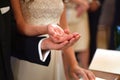 Hands of the groom and bride hold the wedding rings in front of the altar Royalty Free Stock Photo