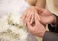 Hands of groom and bride with ring close up Royalty Free Stock Photo