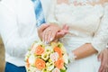 Hands of groom and bride with wedding rings and flowers roses. concept of love and marriage Royalty Free Stock Photo