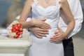 Hands of groom and bride with wedding rings Royalty Free Stock Photo