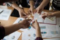 Hands group of business people assembling jigsaw puzzle white. B Royalty Free Stock Photo