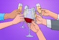 Hands Group Clinking Glass Of Champagne And Red Wine Toasting Pop Art Retro Pin Up Background Royalty Free Stock Photo