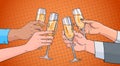 Hands Group Clinking Glass Of Champagne Wine Toasting Pop Art Retro Pin Up Background Royalty Free Stock Photo