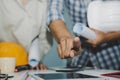 Hands of group engineer and architect working on blueprint Royalty Free Stock Photo