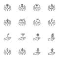 Hands with growing plants line icons set