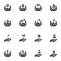 Hands with growing plants vector icons set