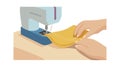 Hands guiding fabric through sewing machine, precise stitching, vector design Generative AI Royalty Free Stock Photo