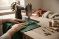 Hands guiding green fabric on a vintage sewing machine Royalty Free Stock Photo