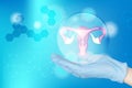 hands of a gynecologist doctor in gloves hold the uterus icon in the amniotic fluid as a symbol of female reproductive health, and