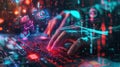 Hands of a hacker move swiftly over a keyboard, surrounded by glowing digital symbols and codes, reflecting a high-tech Royalty Free Stock Photo