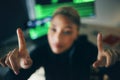 Hands, hacker and a person in an office for cyber security, software check or invisible screen. Closeup, typing and a