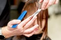 Hairdresser cuts hair of woman Royalty Free Stock Photo