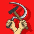 Hands with Hammer and sickle sketch engraving