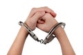 Hands in handcuffs on a white background close-up. Criminal. Arrest. Law Royalty Free Stock Photo