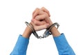 Hands in handcuffs on a white background close-up. Criminal. Arrest. Law Royalty Free Stock Photo