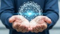 Hands holding glowing digital network sphere Royalty Free Stock Photo